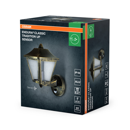 Kinkiet Ogrodowy Lampa Elewacyjna Zewnętrzna Latarnia E27 Czarny Złoty IP44 z Czujnikiem Ruchu i Zmierzchu Endura Osram