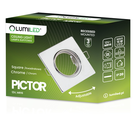 6x Oprawa Halogenowa Podtynkowa Ruchoma Kwadrat PICTOR Chrom Blacha MR16 GU10 LUMILED