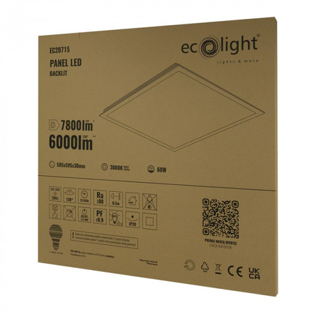 Panel LED 60x60 Kaseton Wpuszczany Podtynkowy 60W 5100lm 3000K Ciepła Biały Backlit Ecolight