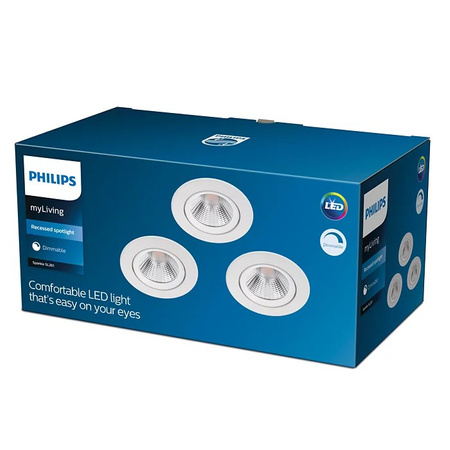 3PAK Oprawa Podtynkowa Halogenowa LED SPARKLE 5.5W 2700K Ściemnialna Okrągła Biały PHILIPS