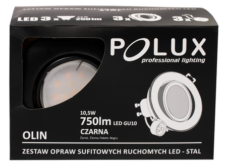 Zestaw 3x Oprawa halogenowa ruchoma GOLDLUX (Polux) okrągła czarna + żarówka LED GU10 3,5W