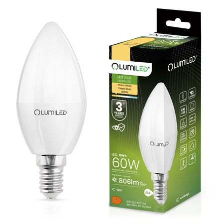 Żarówka LED E14 Świeczka B35 8W = 60W 806lm 3000K Ciepła 180° LUMILED