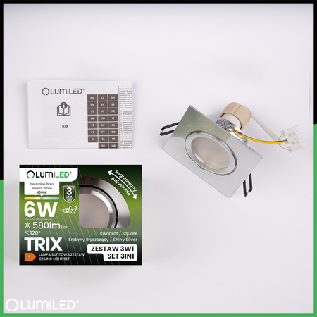 Oprawa Halogenowa Podtynkowa Kwadratowa Ruchoma TRIX 3w1 GU10 6W 4000K Srebrna Błyszcząca LUMILED