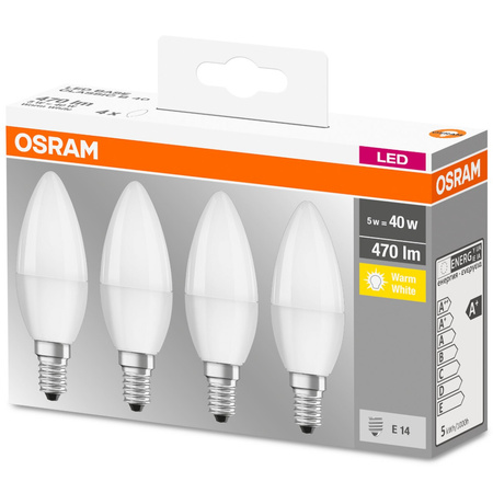 4PAK Żarówka LED E14 B35 5W = 40W 470lm 2700K Ciepła 300° OSRAM Base