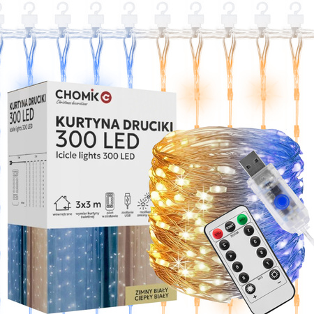 Kurtyna Świetlna Lampki Świąteczne Druciki 300LED Ciepły + Zimny Biały 3+3m 