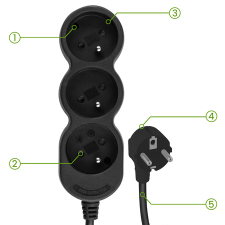 Przedłużacz Sieciowy Kabel z Uziemieniem Listwa Zasilająca 3 Gniazda 1.5m Czarny Sznur Lendo Lumiled