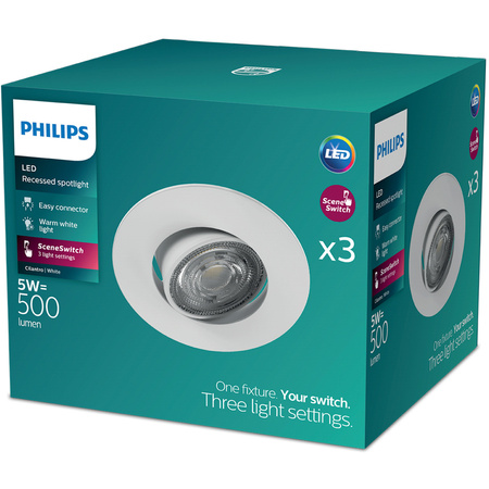 3x Oprawa Podtynkowa Wpuszczana LED 5W 500lm 2700K Ciepła Ruchoma Okrągła biały Ściemnialna 3-STEP SceneSwitch Cilantro Philips