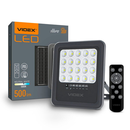 Naświetlacz Solarny Lampa LED z Pilotem 6W 500lm 5000K Neutralna 90° 3.7V IP65 IK07 Natynkowy Szary VIDEX