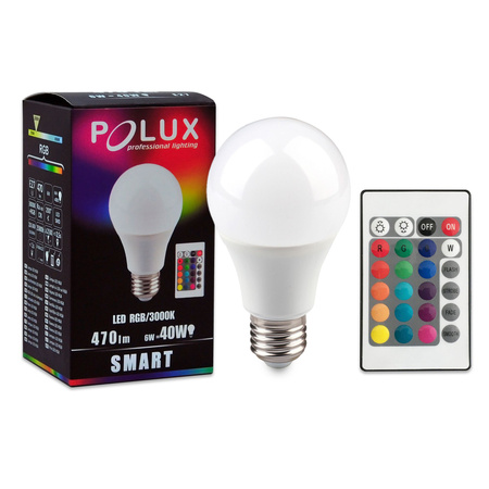 Żarówka LED E27 A60 8,5W = 60W 806lm 3000K Ciepła RGB 200° GOLDLUX (Polux) + PILOT