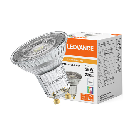 Żarówka LED GU10 3,4W = 35W 230lm 4000K Neutralna 36° CRI97 ŚCIEMNIALNA LEDVANCE