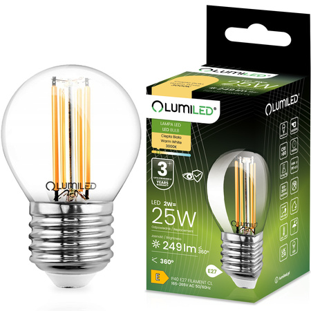 Żarówka LED E27 P40 Filament 2W = 25W 249lm 3000K Ciepła 360° LUMILED