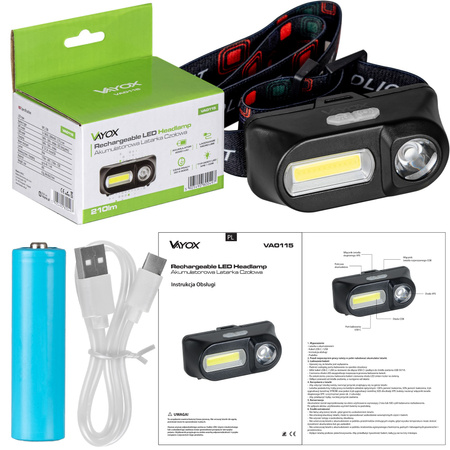 Latarka Czołowa LED Akumulatorowa XPE + COB VA0115 Vayox