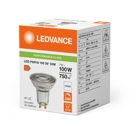 Żarówka LED Reflektor GU10 PAR16 7W = 100W 750lm 4000K Neutralna 36° Ściemnialna Ledvance