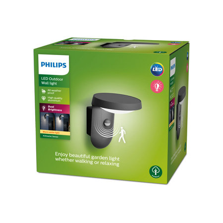 Kinkiet Ogrodowy Lampa Elewacyjna Zewnętrzna LED 9W 800lm 2700K IP44 z Czujnikiem Ruchu i Zmierzchu Antracyt Tyla Philips