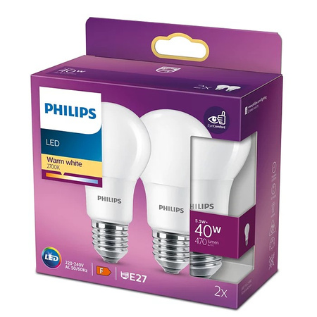 Zestaw 2x Żarówka LED E27 A60 4.9W = 40W 470lm 2700K Ciepła 200° PHILIPS