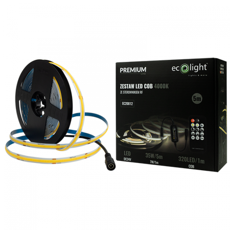 Taśma LED Pasek COB 7W/m 630lm/m 320LED/m 24V 4000K Neutralna IP20 Rolka 5m + Zasilacz + Pilot Ecolight