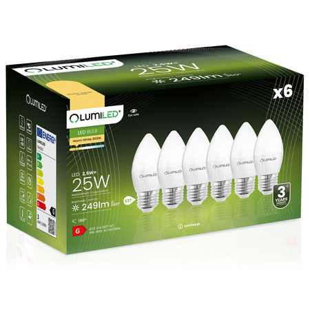 Zestaw 6x Żarówka LED E27 B35 2,5W = 25W 249lm 3000K Ciepła 180° LUMILED