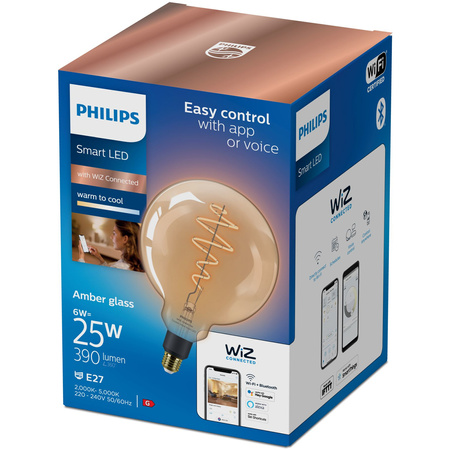 Żarówka LED E27 Kula G200 6W = 25W 390lm 2000-5000K TW FILAMENT Bursztynowa Inteligentna SMART WiFi Bluetooth Aplikacja WiZ Philips