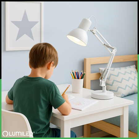 Lampka Biurkowa Kreślarska Stołowa E27 TOBI Biała Lumiled + uchwyt na blat