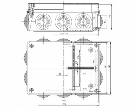 Puszka Instalacyjna Natynkowa Hermetyczna S-BOX 406 190x140x70 IP65 10 Dławików PAWBOL