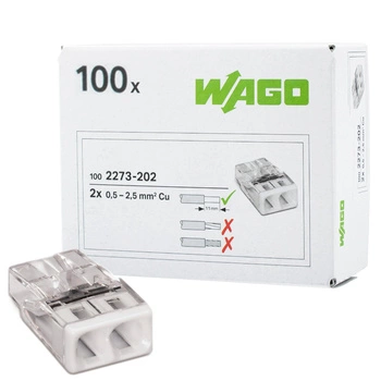 100x Złączka Instalacyjna Szybkozłączka WAGO 2273-202 na DRUT 2x0,5-2,5mm