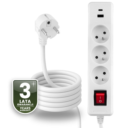 Przedłużacz Sieciowy Kabel z Uziemieniem Listwa Zasilająca 3 Gniazda 3m Włącznik ON/OFF Biały USB + USB-C Sznur ELGER Lumiled