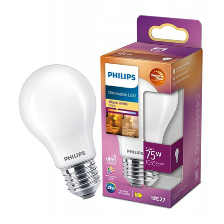 Żarówka LED E27 A60 7.2W = 75W 1055lm 2700 Ciepła Filament Mleczna PHILIPS  Ściemnialna