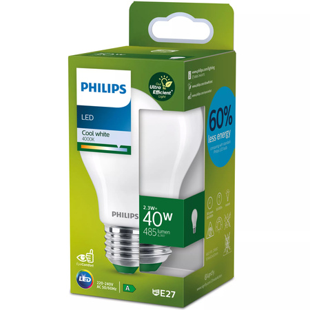 Żarówka LED E27 A60 2.3W = 40W 485lm 210lm/W 4000K Neutralna 300° KLASA A UltraEfficient Philips