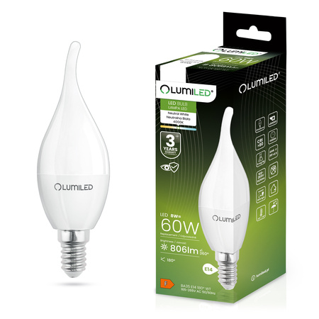 Żarówka LED E14 Świeczka BA35 8W = 60W 806lm 4000K Neutralna 180° LUMILED