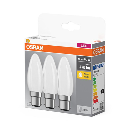 3x Żarówka LED B35 Świeczka B22d 4W = 40W 470lm 2700K Ciepła 300° BASE Osram