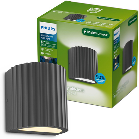 Kinkiet Ogrodowy Lampa Zewnętrzna Elewacyjna LED 4.3W 800lm 2700K Ciepła IP44 Ryflowany Antracyt UltraEfficient Zyra Philips