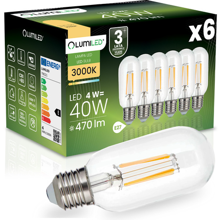 6x Żarówka LED E27 T45 FILAMENT 4W = 40W 470LM 3000K Ciepła 360° Ozdobna LUMILED