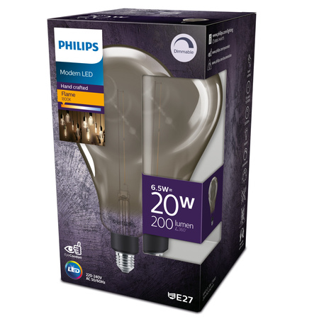 Żarówka LED E27 A160 6.5W = 20W 200lm 1800K Ciepła 300° FILAMENT Vintage Dymiona Ściemnialna Decorative Philips