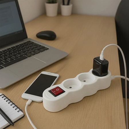 Przedłużacz Sieciowy Kabel z Uziemieniem Listwa Zasilająca 3 Gniazda 5m Włącznik ON/OFF Biały Sznur Lendo Lumiled