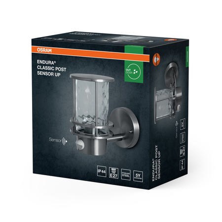 Kinkiet Ogrodowy Lampa Elewacyjna Zewnętrzna Latarnia E27 Aluminium IP44 z Czujnikiem Ruchu i Zmierzchu Endura Osram