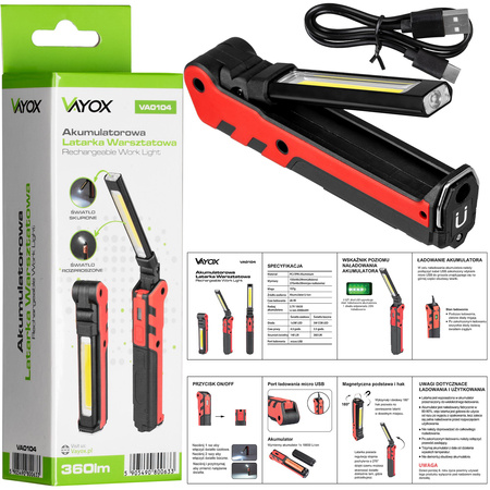Latarka Akumulatorowa Warsztatowa Składana Magnes COB + LED 140lm + 360lm VA0104 Vayox