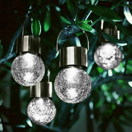 Lampa Solarna LED KULKA Ogrodowa Wisząca Biała Zimna Szklana Efekt Pękniętego Szkła