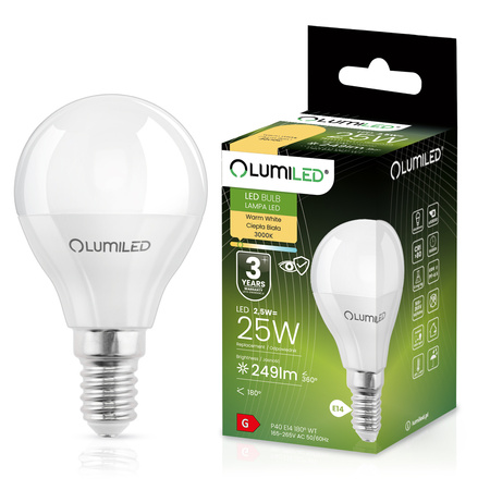 Żarówka LED E14 P40 2,5W = 25W 249lm 3000K Ciepła 180° LUMILED