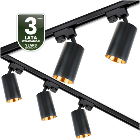 Zestaw Szyna Oświetleniowa Szynoprzewód 3m Czarny + 5x Reflektor Szynowy SAGI GU10 Czarno Złoty + Łącznik L LUMILED