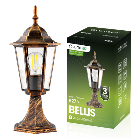 Lampa Ogrodowa Zewnętrzna E27 SŁUPEK LATARNIA 39cm Patyna BELLIS LUMILED