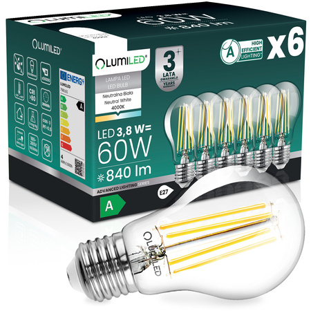 6x Żarówka LED E27 A60 3,8W 840lm = 60W 4000K Neutralna 360° Filament KLASA A LUMILED