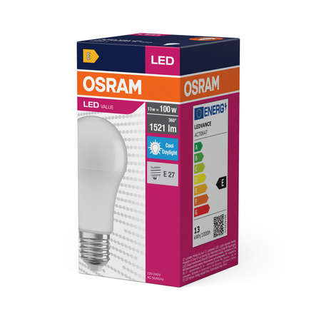 Żarówka LED A60 E27 13W = 100W 1521lm 6500K Zimna 180° VALUE CLASSIC Osram