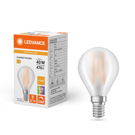 Żarówka LED P45 E14 4.2W = 40W 470lm 2700K Ciepła Biała FILAMENT ŚCIEMNIALNA LEDVANCE