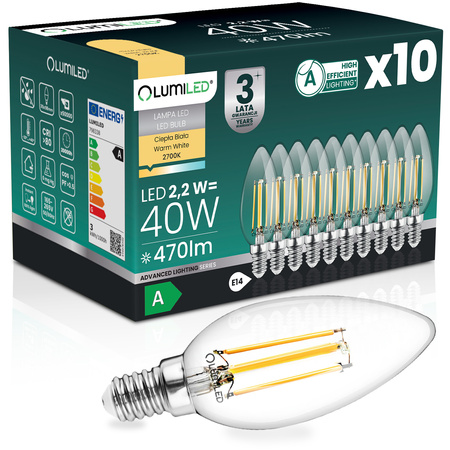 10x Żarówka LED E14 Świeczka B35 2,2W 470lm = 40W 2700K Ciepła 360° Filament KLASA A LUMILED
