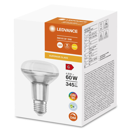 Żarówka LED Reflektor E27 R80 4.8W = 60W 345lm 2700K Ciepła 36° CRI90 Ściemnialna Ledvance