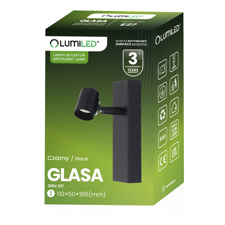 Lampa Ścienna Reflektor LED Sufitowa Ruchoma Kinkiet Spot E27 GLASA Czarna Lumiled