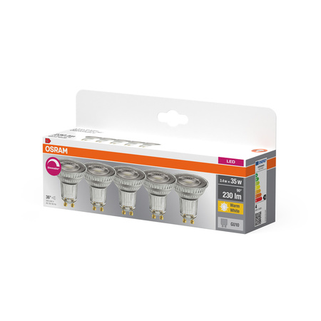 5x Żarówka LED PAR16 Reflektor GU10 3.4W = 35W 230lm 2700K Ciepła CRI90 36° Ściemnialna BASE Osram