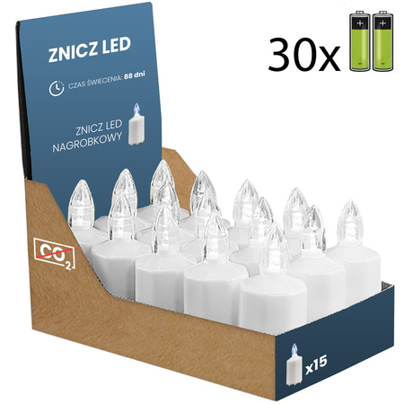 Zestaw 15x Znicz Elektryczny LED Świeca Wkład Nagrobkowy + 30 Baterii R6 Biały