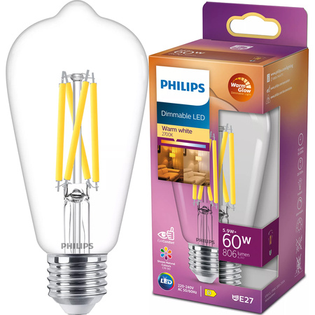 Żarówka LED E27 Edison ST64 5.9W = 60W 806lm 2200-2700K Ciepła CRI90 FILAMENT Ściemnialna WarmGlow Philips