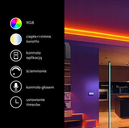 Lampa Podłogowa Stojąca LED Czarna CCT RGB Aplikacja Inteligentna Pilot
